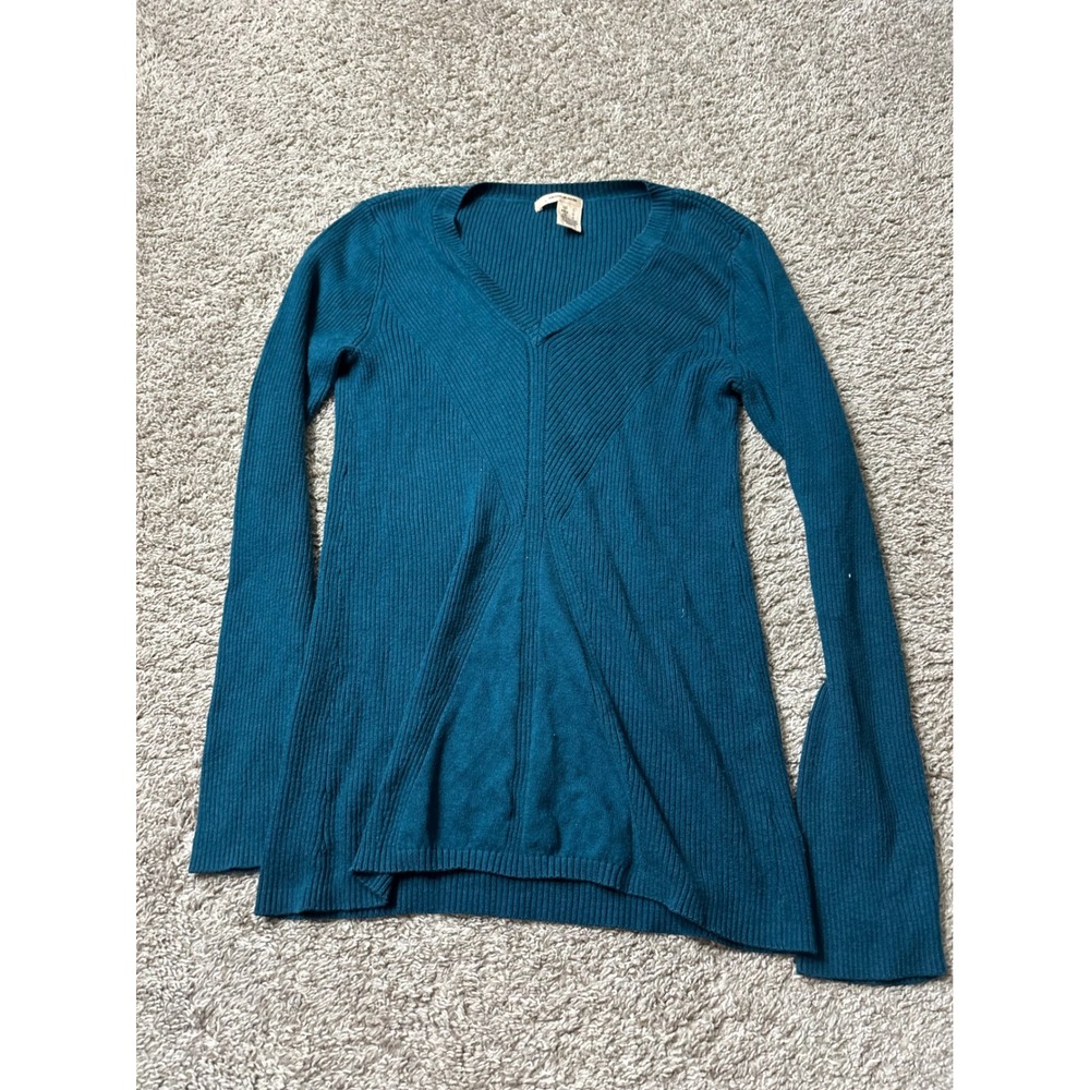 DKNY Jeans Teal Blue Ribbed V-Neck Long Sleeve Sweater D4360016 Size L